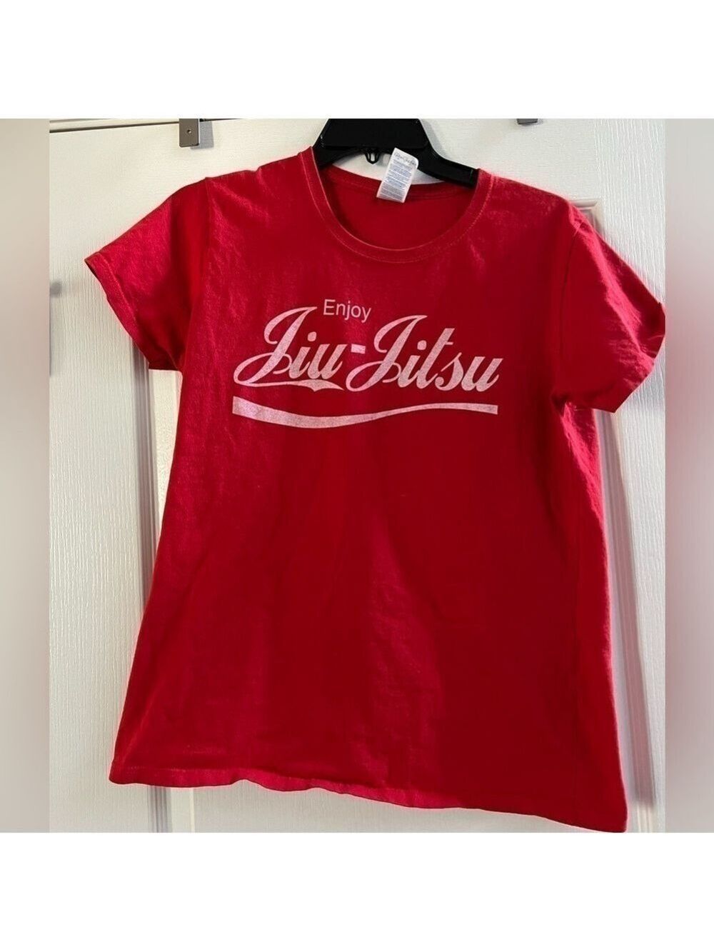 Women’s Enjoy Jiu Jitsu martial arts, red short sleeve T-shirt, size large.